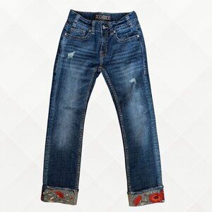 Rock & Roll Cowgirl Blue Cropped Jeans with Floral Cuffs